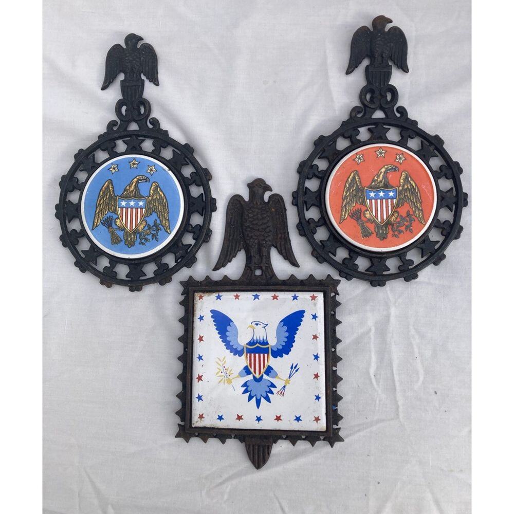 Set of 3 American Bald Eagle Metal Trivet Hotplates w/ Tile USA Eagle from Japan